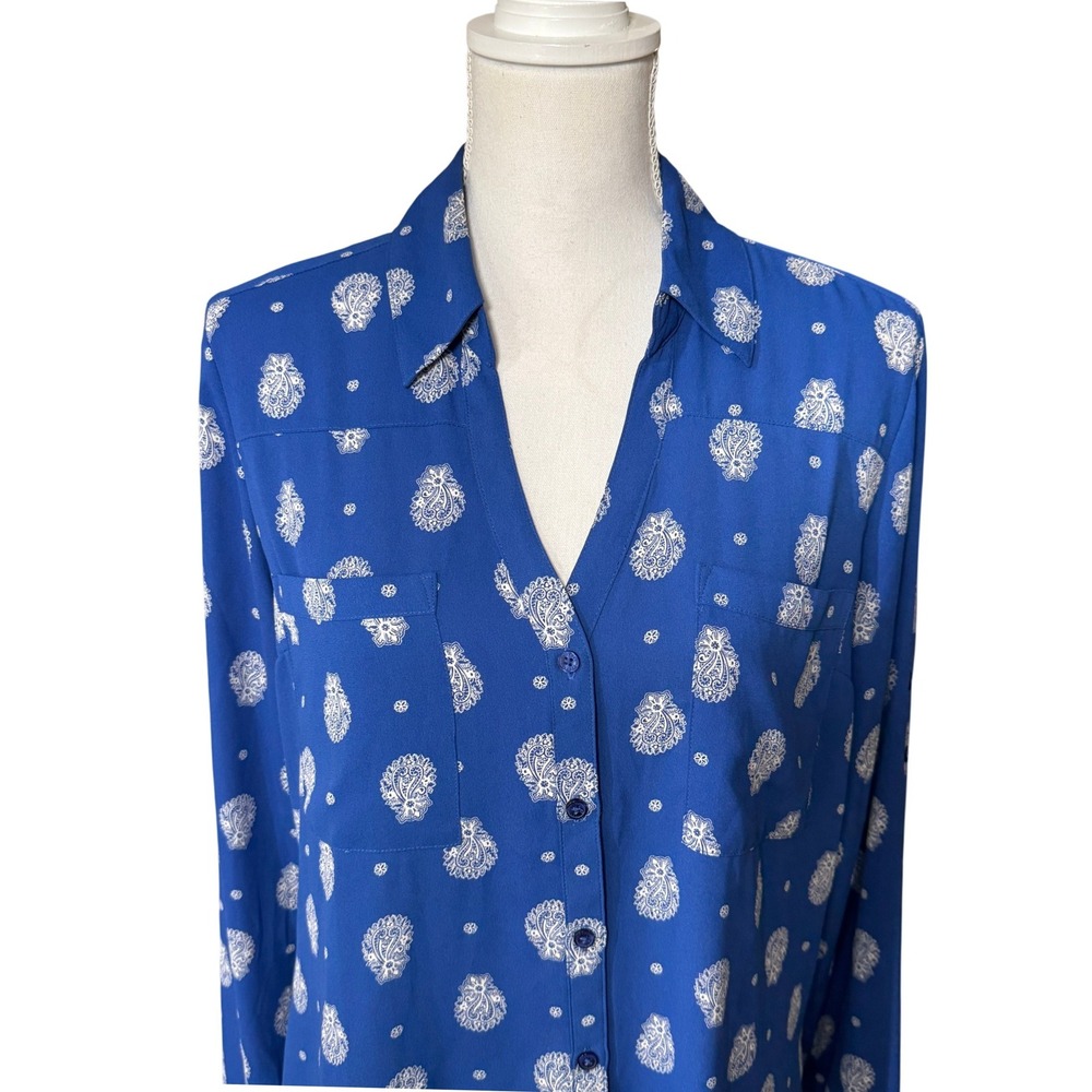 Express Portofino Shirt Women's Large Blue Paisley Button Up Blouse Long Sleeve - Picture 7 of 11
